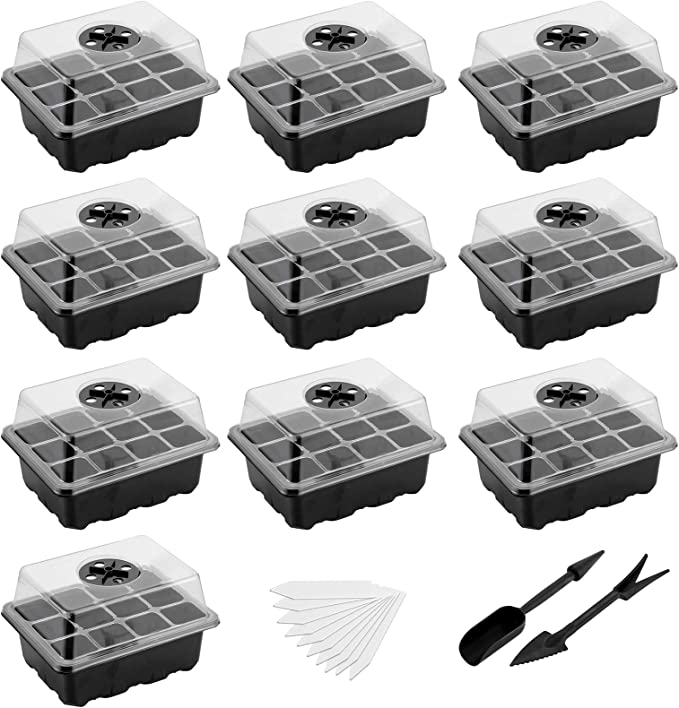 Photo 1 of Ahomdoo 10 Pack Seed Starter Tray, Humidity Adjustable Plant Germination Trays with 120 Cells, Seed Starting Trays and Base Mini Greenhouse Germination Kit for Seeds