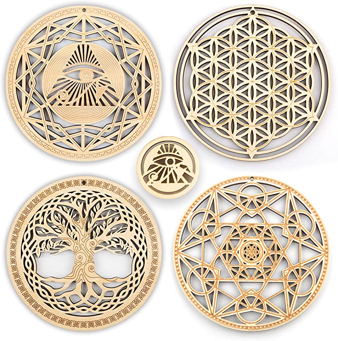 Photo 1 of 5.31" Sacred Geometry Wall Art 4 PCS Set, (The Eye of Horus, The Flower of Life, The Tree of Life, Metatron's Cube) Crystal Grid Meditation Chakra Wooden Wall Art Yoga Decor Spiritual Gifts