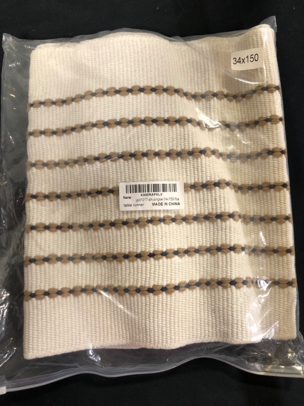 Photo 1 of ALIBALA Boho Table Runner 59 Inches Long, Farmhouse Table Runner with Macrame Tassels Cotton and Linen Coffee Table Runner Rustic Style for Living Room Dining Kitchen Decor, Khaki Navy 13"x59"