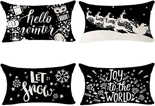 Photo 1 of ASTIHN Pack of 4 Merry Christmas Hello Winter Let It Snow Joy to The World Cotton Linen Decorative Lumbar Throw Pillow Cover Cushion Case for Sofa Living Room Rectangle 12 X 20 inches
