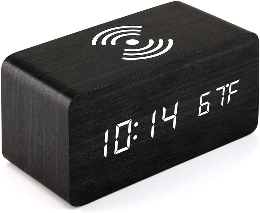 Photo 1 of 
 Wooden Alarm Clock with Qi Wireless Charging Pad Compatible with iPhone Samsung Wood LED Digital Clock Sound Control Function, Time Date, Temperature Display for Bedroom Office Home - Black
