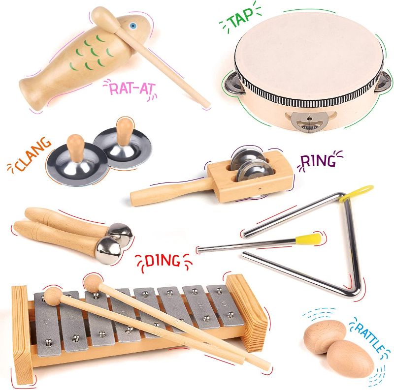 Photo 1 of Chriffer Kids Musical Instruments Toys, Percussion Instruments Set with Xylophone, Preschool Educational Music Toys for Boys Girls, Natural Eco-Friendly Wooden Music Set (8)
