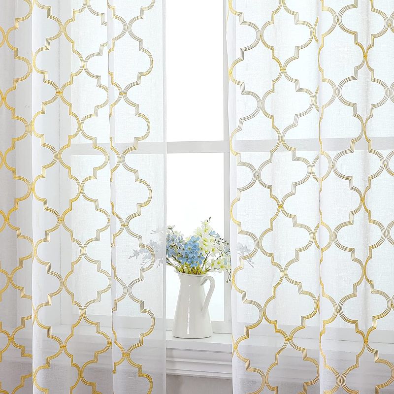 Photo 1 of Yellow and White Embroidered Sheer Curtains 45 Inch Length Moroccan Faux Linen Sheer Grommet Curtain Drapes for Farmhouse Bedroom Room 2 Pack 52Wx45L
FACTORY SEALED