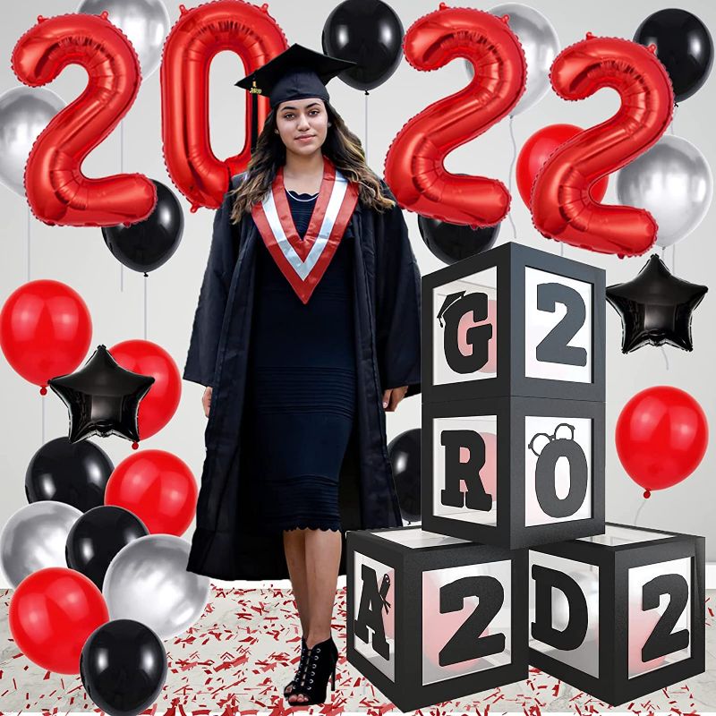 Photo 1 of 2022 Graduation Party Decorations 45 Pcs Black Graduation Balloon Boxes Letter GRAD 2022 Red Silver Metallic Balloons Foil Black Star for College Preschool High School Graduation Decorations Class
