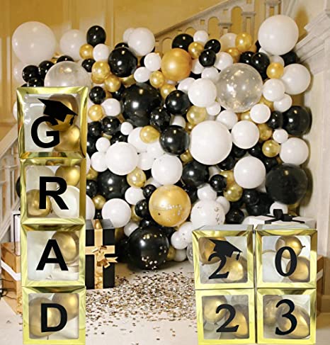 Photo 1 of 2022 2023 Graduation Decorations Party Supplies, 4 Pieces Golden Balloon Boxes for Graduation Party with Letter “GRAD” and “2O22/2023”, Perfect for Graduation Party Decorations Outdoor Indoo