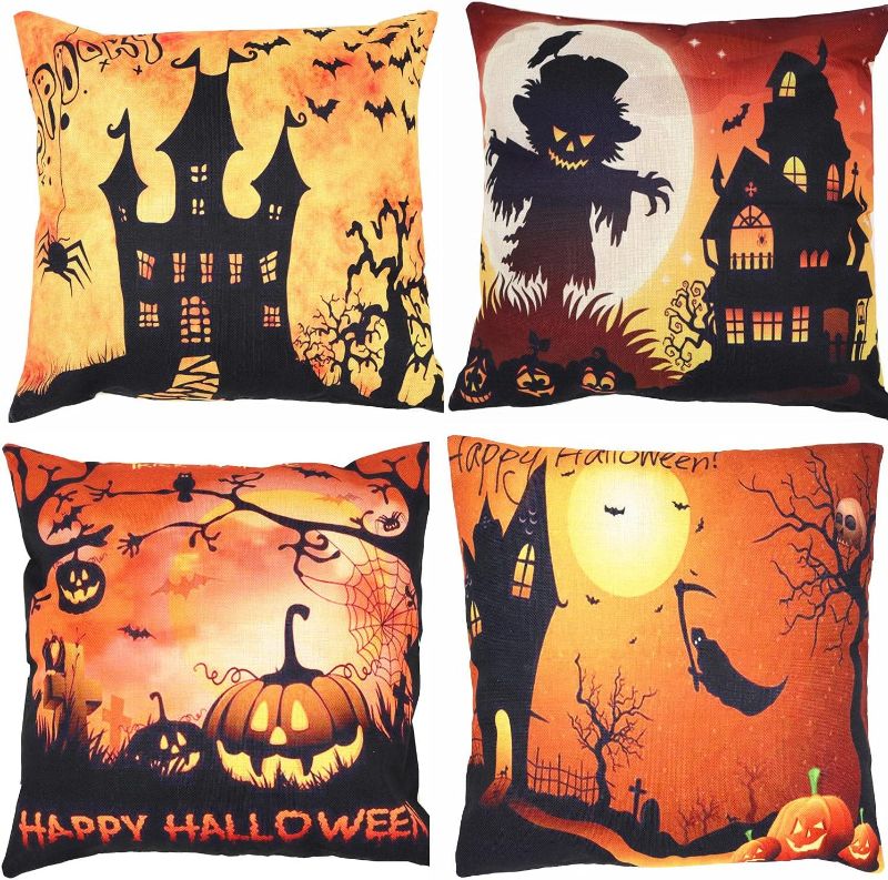 Photo 1 of ZUEXT Happy Halloween Throw Pillow Covers Set of 4 18x18 Inch for Fall Harvest, Decorative Orange Pumpkin Bat Ghost Witch Cotton Linen Cushion Cover Pillowcases for Car Sofa Bed Couch 45 x 45 cm
