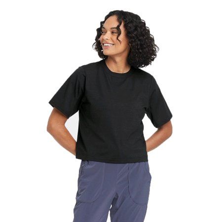 Photo 1 of Black Supima Cotton Cropped Active Short Sleeve Top - X-Large