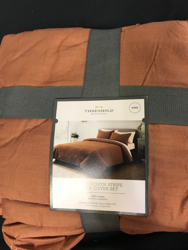 Photo 2 of 3pc Simple Woven Stripe Duvet & Sham Set Cognac - Threshold king 