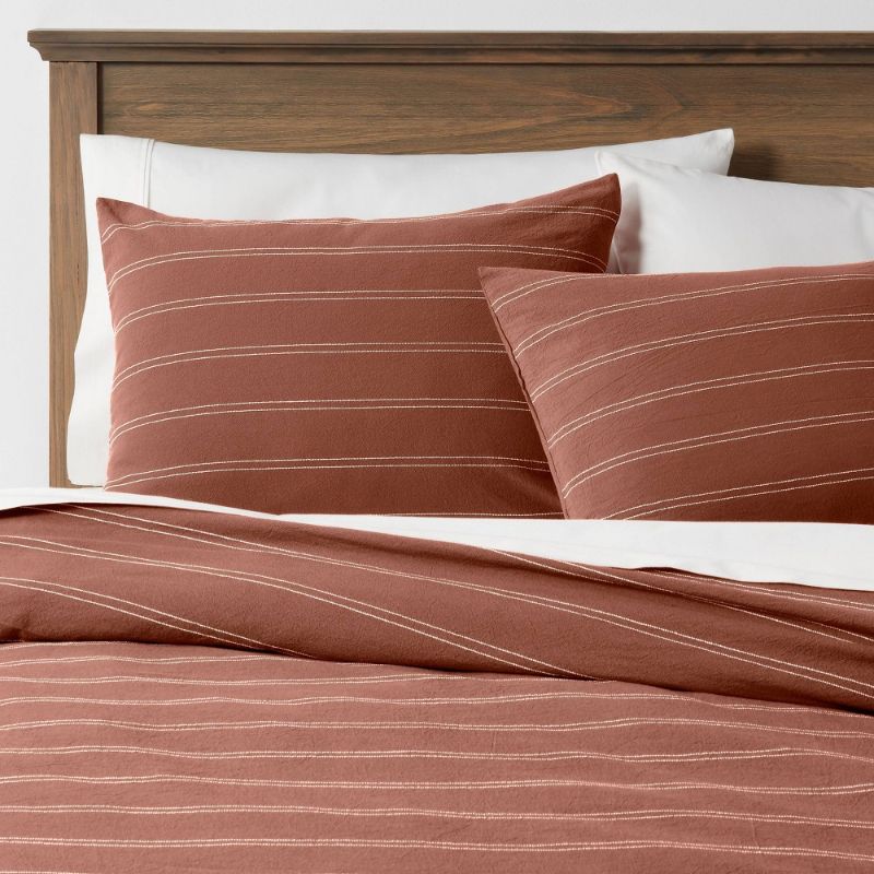 Photo 1 of 3pc Simple Woven Stripe Duvet & Sham Set Cognac - Threshold king 