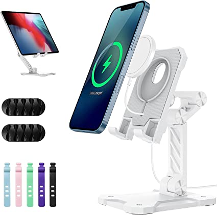 Photo 1 of PTUONIU MagSafe Charger Stand,Adjustable Desk Holder Dock with 2 Cable Organizer, Magsafe Phone Stand Accessories Compatible with iPhone 13 12 Series, Pro, Pro Max, MagSafe Charger NOT Included-White