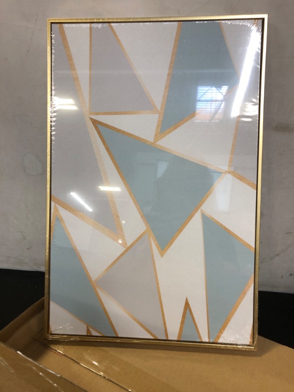 Photo 2 of Aesthetic Geometric MDF Wall Art Gold Framed, Minimalist Blue Geometry Irregular Triangle Canvas Painting Poster Colorful Wall Hanging Picture Decor for Home Bathroom Bedroom Living Office -12x18in