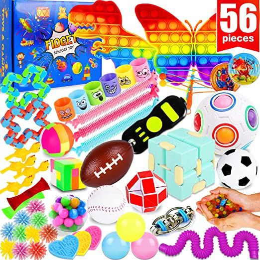 Photo 1 of (56 Pack) Fidget Sensory Toys, Party Favors Set, Classroom Treasure Box Chest Carnival Prizes Pinata Stuffer Pop Poppers Autism Stress Autistic Anxiety, Gift Bulk for Girls Boys Kids Teen Adults ADHD