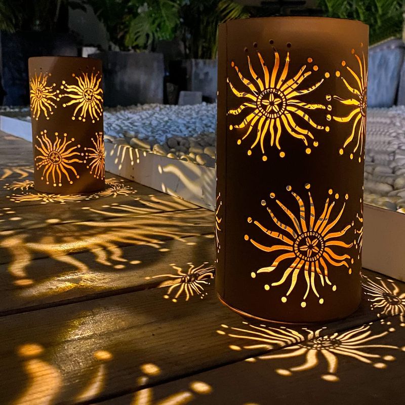 Photo 1 of 2 Pack Solar Table Lights Outdoor Waterproof - Sun Solar Garden Light Copper Metal Decoration, Solar Powered Lights for Desk Patio Lawn Patio Pathway Landscape Courtyard Yard Art Decor