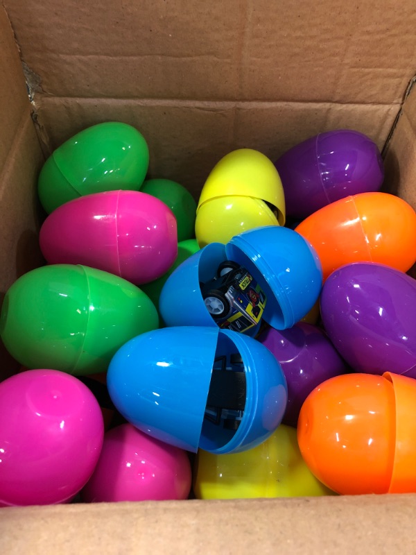 Photo 1 of 24 Filled Easter Eggs Filled with Toy Cars - Large 2 3/4 Inch Plastic Egg for Easter Basket Stuffers, Kids Birthday Party Favors, Goodie Bags, Pinata Surprise, Mini Gifts - by BisBi Toys