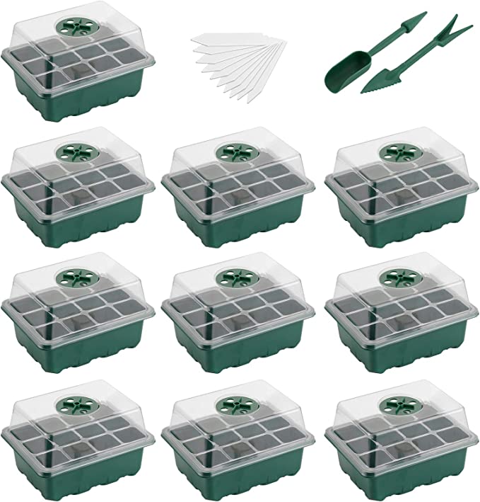 Photo 1 of Ahomdoo 10 Pack Seed Starter Tray, Humidity Adjustable Plant Germination Trays with 120 Cells, Seed Starting Trays and Base Mini Greenhouse Germination Kit for Seeds