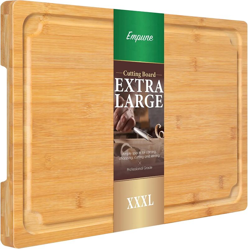 Photo 1 of 3XLarge Cutting Board, 24" Bamboo Cutting Boards for Kitchen with Juice Groove and Handles Kitchen Chopping Board for Meat Cheese board Heavy Duty Serving Tray, 3XL, Empune
