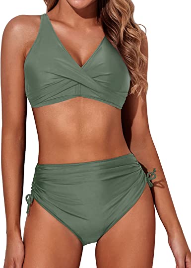 Photo 1 of Aqua Eve Women High Waisted Bikini Twist Front Swimsuits Lace up Bikini Tops Ruched Push up 2 Piece Bathing Suits
small size