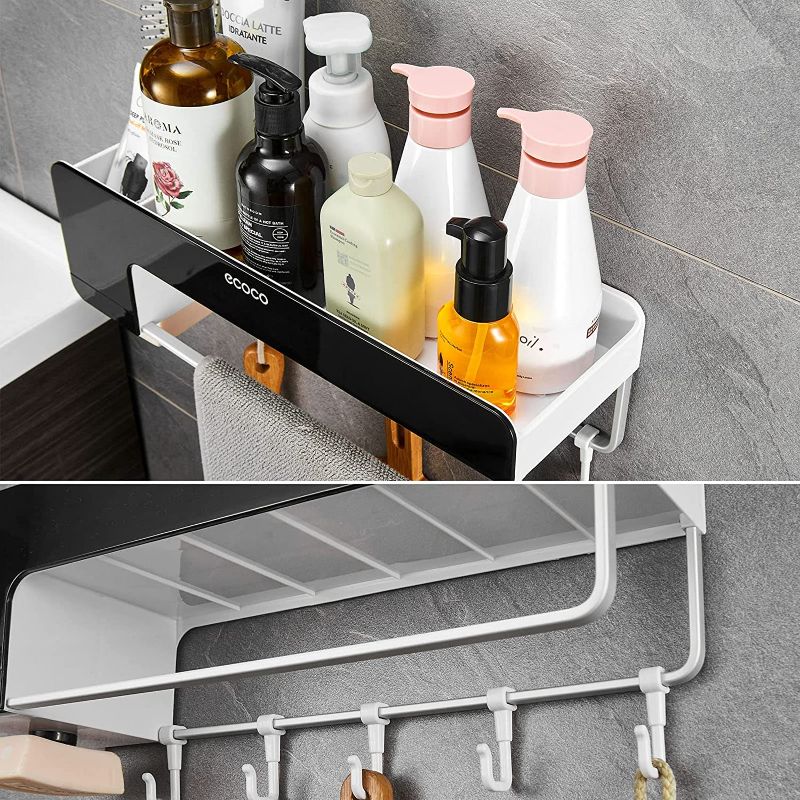 Photo 1 of Adhesive Bathroom Shelf VOLPONE Bathroom Wall Organizer with Towel Bar stick on wall shelf Caddy with Hooks Adhesive Shower Caddy Black
