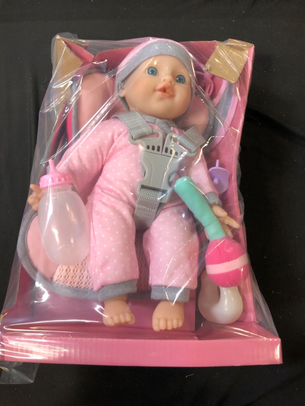 Photo 5 of Doll Travel PlaySet - Baby Doll Car Seat Carrier Backpack with 12 Inch Soft Body Doll Includes Doll Bottles and Toy Accessories … (Caucasian)  -- Factory Sealed But Packaging Damaged --