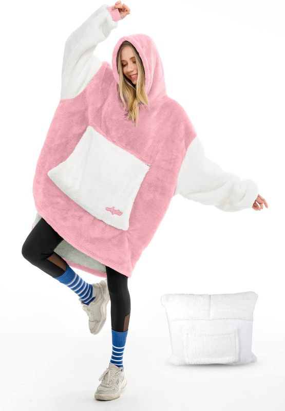 Photo 1 of Argstar Oversized Blanket Hoodie Women Men, Sherpa Wearable Blanket Adult, Plush Comfy Giant Warm Soft Hoodie Blanket Sweatshirt with Deep Pocket and Elastic Sleeve (Pink)  -- Factory Sealed --
