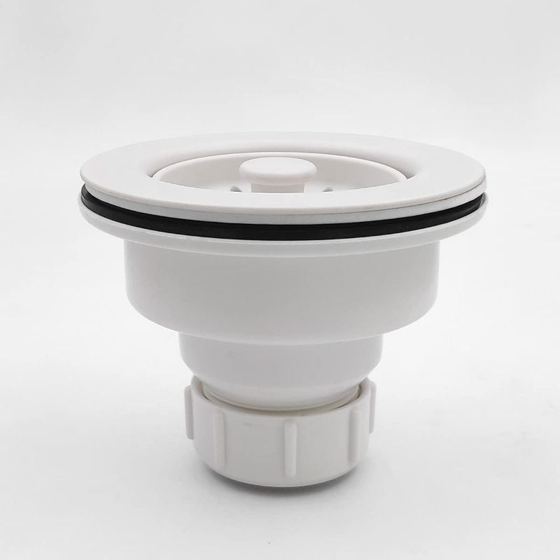 Photo 1 of  White Polymer Drain Kitchen Sink Drain Assembly with Removable Basket Strainer and Rubber Stopper for 3.5-Inch Drain Openings, Matching Color of Granite Sinks
