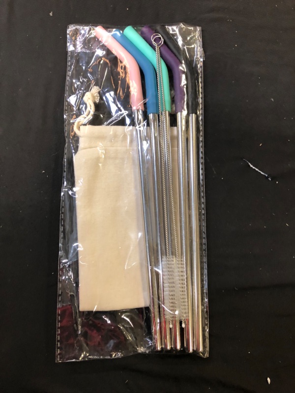 Photo 2 of  Set of 5 Stainless Steel Straws with Silicone Flex Tips Elbows Cover  -- Factory Sealed --