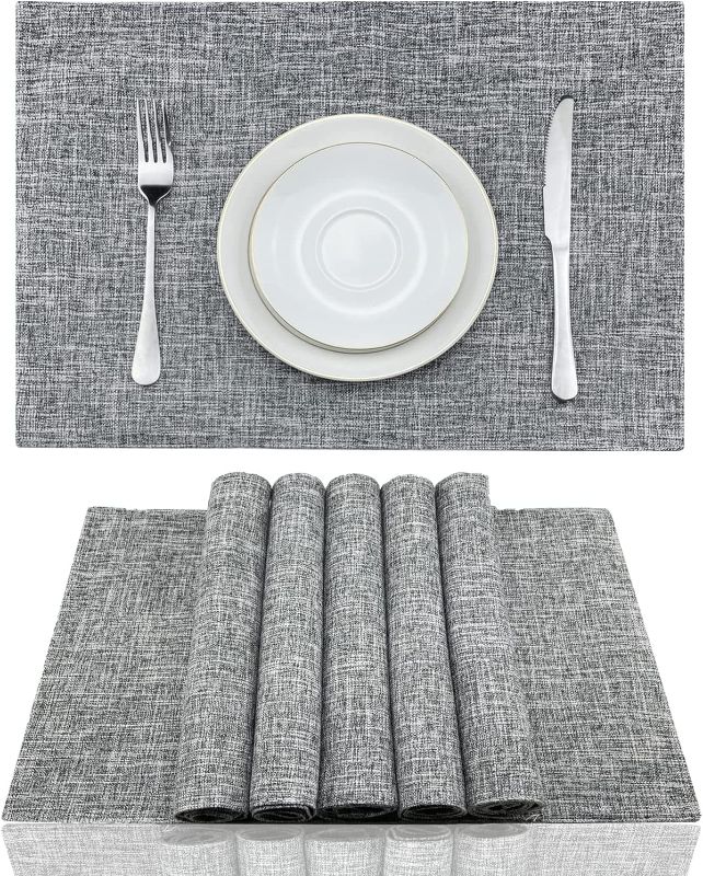 Photo 1 of  Cloth Placemats Set of 6 Heat Resistant Dining Table Placemats Cotton Linen Machine Washable Kitchen Table Mats Wrinkle Free Thick Fabric Place Mat ,Easy to Clean,13"x19",Mottled Grey w/Brown
