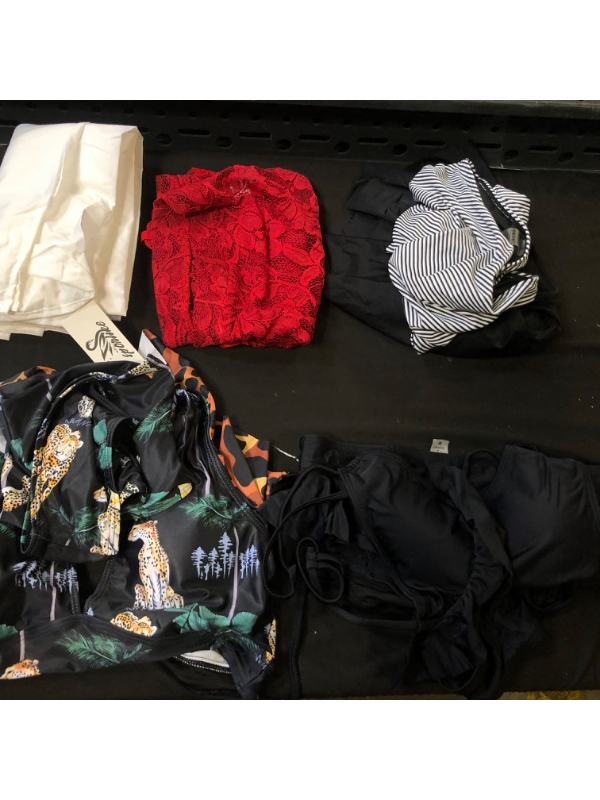 Photo 1 of Bag Lot -- Black 2 Pcs Swimsuit Size Medium , Cheetah 2 Pcs Size Small , Black and White 2 Pcs Size Small , White Curtain , Red Bralette Size 4 XL -- 