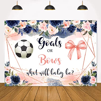 Photo 1 of  Soccer Gender Reveal Goals or Bows Baby Shower Backdrop Flowers Blue or Pink