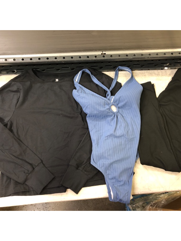 Photo 1 of All in motion long sleeve black with black joggers and one piece blue bathing suit
~LARGE~