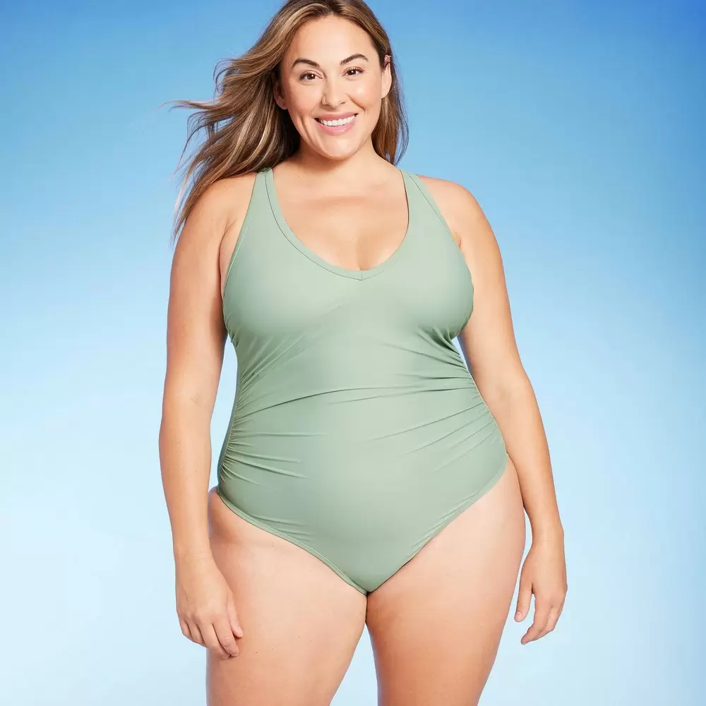 Photo 1 of  Women's Plus Size V-Neck Over the Shoulder High Leg One Piece Swimsuit  -- Size 14W --