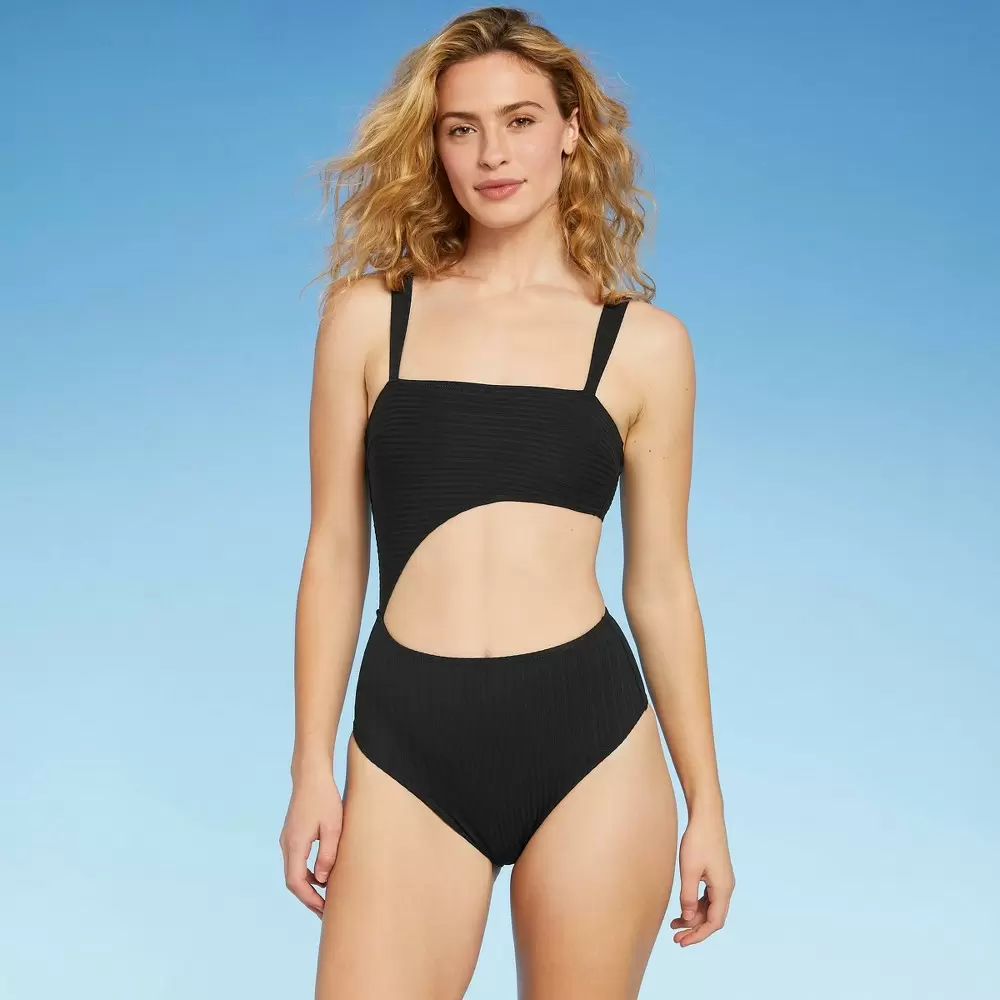 Photo 1 of  Women's Ribbed Cut Out One Piece Swimsuit - Shade & Shore Black S