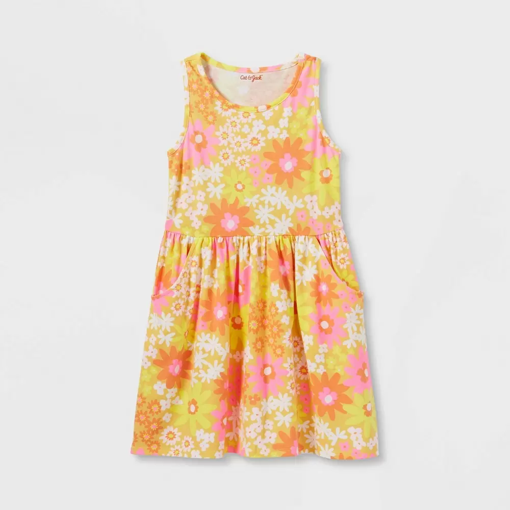 Photo 1 of  Girls' Printed Sleeveless Knit Dress - Cat & Jack Light Mustard Yellow Size Small -