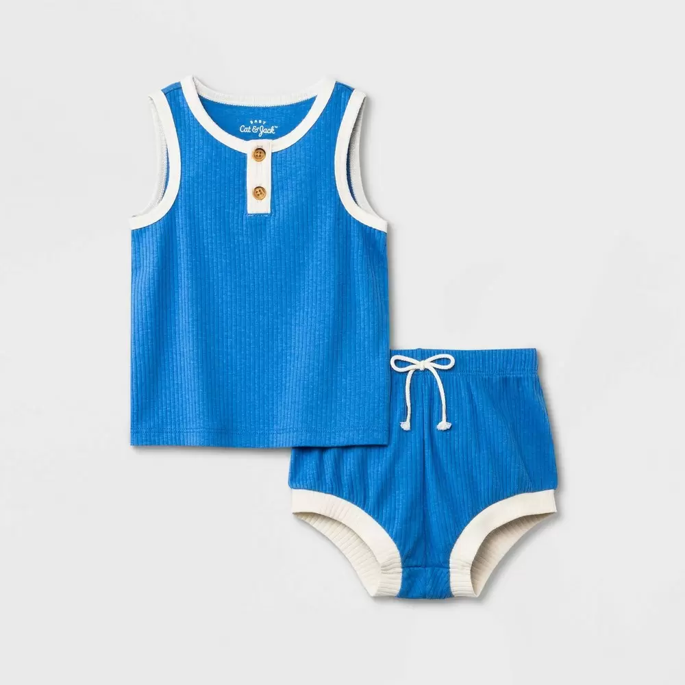 Photo 1 of Baby 2pc Ribbed Henley Top & Bottom Set - Cat & Jack Blue Size 6-9M -

