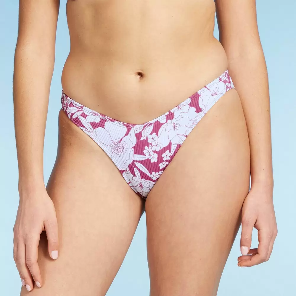 Photo 1 of  Juniors' Ribbed Cheeky High V-Leg Bikini Bottom - Xhilaration Berry Pink Floral - Size Medium -