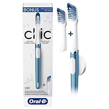 Photo 1 of Oral-B Clic Manual Toothbrush with 2 Replaceable Heads and Magnetic Brush Mount, Alaska Blue, 1 Count