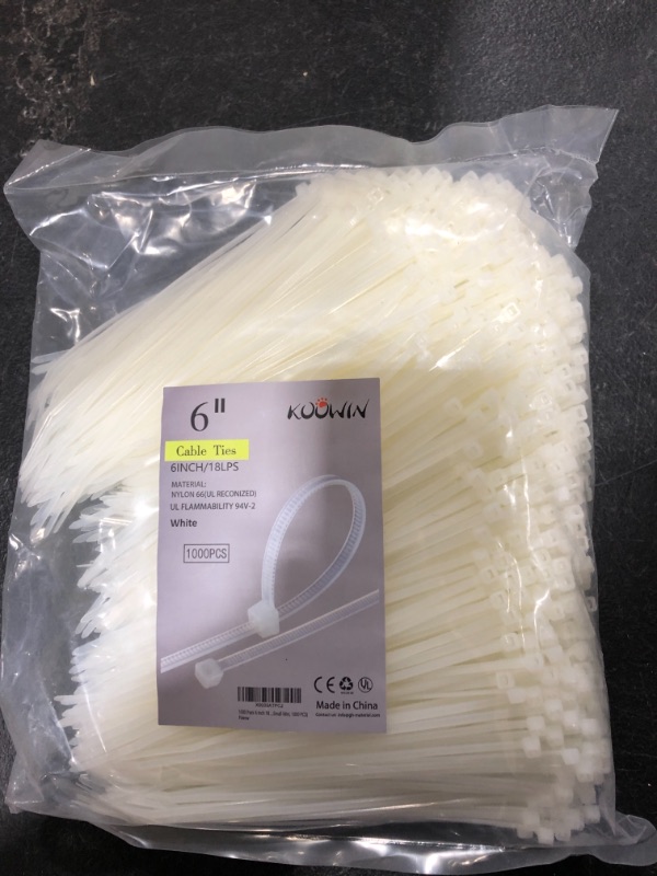 Photo 1 of 1000 pcs 6 inch Cable Zip Ties Heavy Duty, Premium Plastic Wire Ties with 18 LBS Tensile Strength, UV Resistant Cable Ties, Self-Locking White Nylon Tie Straps