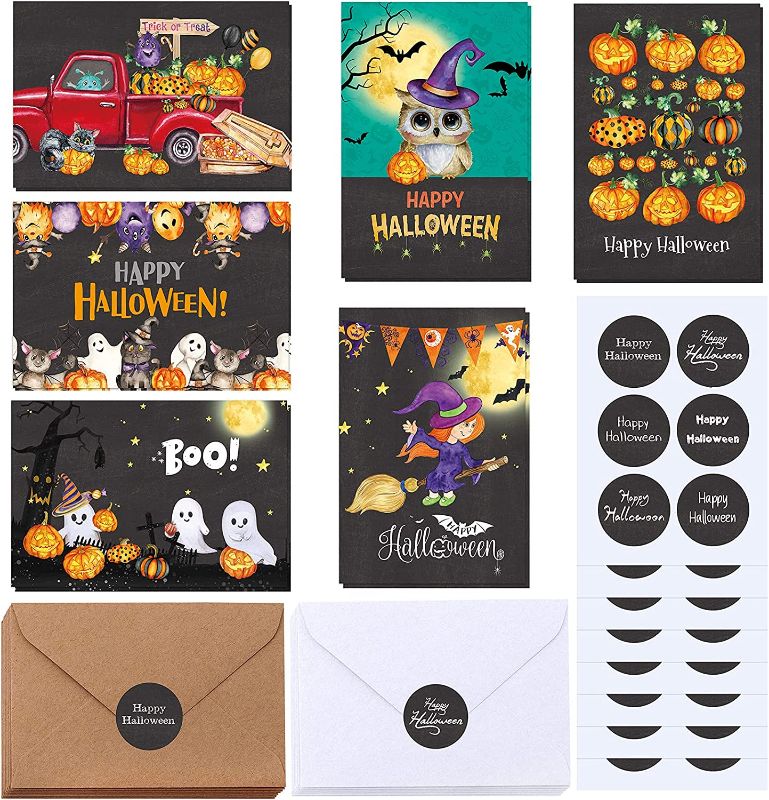 Photo 1 of 120 Sets Bulk Blank Halloween Cards with Envelopes Stickers Assortment 6 Designs of Chalkboard Vintage Halloween Jack-O'-Lantern Ghost Owl Pumpkin Greeting Cards Note Cards 4 x 6 for Halloween Fall 