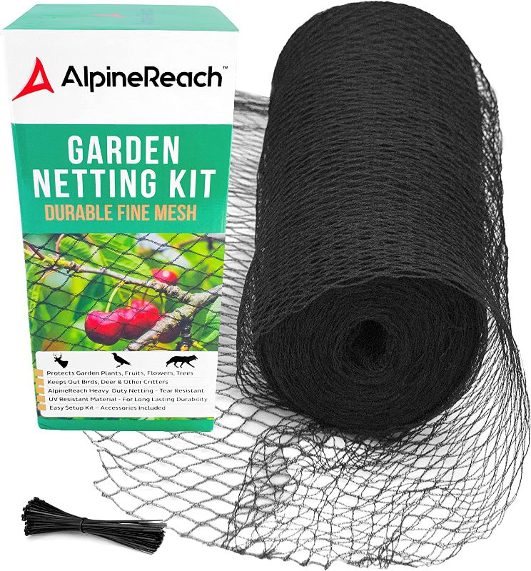 Photo 1 of AlpineReach Garden Netting 7.5 x 65 ft Plant Protection from Birds Deer Animals, Heavy Duty Black Woven Net and Reusable Kit with Zip Ties, Strong Fencing for Fruits Trees
