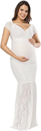 Photo 1 of  Women's Off Shoulder Short Sleeve V Neck Lace Maternity Gown