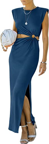 Photo 1 of  Women's Cut Out Padded Shoulder Split Side Crewneck Maxi Bodycon Party Club Dress
size medium