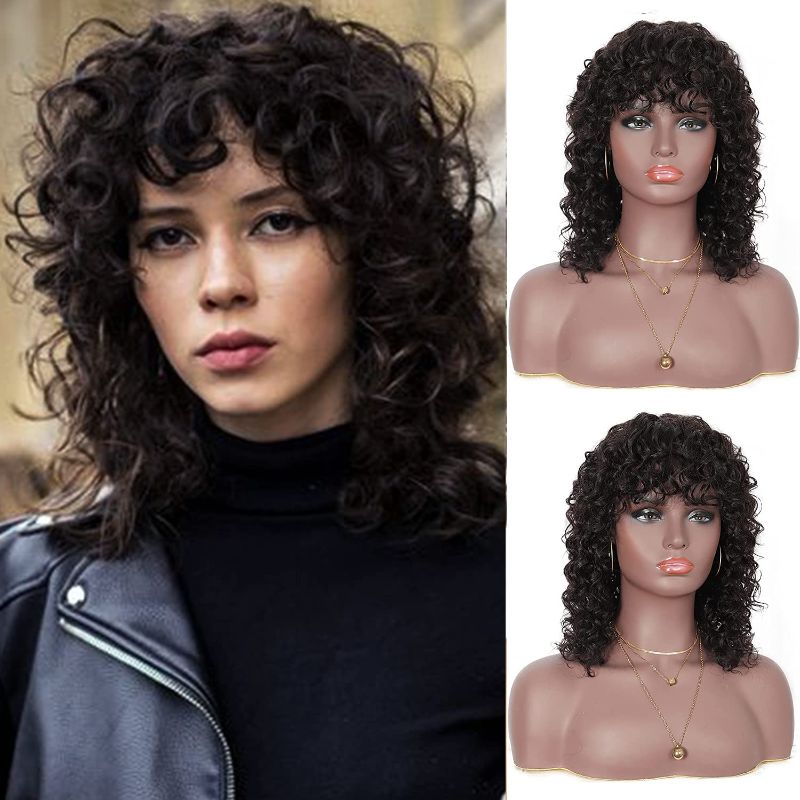 Photo 1 of Brinbea Human Hair Short Curls Wavy Wigs with Hair Bangs for Black Women Black Afro Wave Kinky Curl Brazilian Remy Real Hair Replacement Full Wig 
