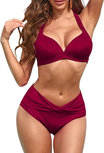 Photo 1 of ABENCA Women's Halter Swimsuits Push Up Bikini High Waisted Ruched Molded Two Piece Bathing Suits Swimwear
SIZE M