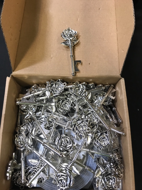 Photo 1 of 50 Set Skeleton Rose Key Bottle Openers with Candy Box In Antique Vintage Style Escort Tags French Ribbon As A Gift Souvenir At Wedding Party Supplies (Antique Silver)
