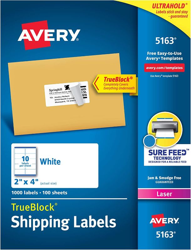 Photo 1 of Avery Shipping Address Labels, Laser Printers, 1,000 Labels, 2x4 Labels, Permanent Adhesive, TrueBlock (5163)
