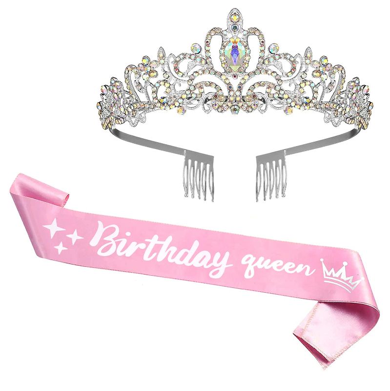 Photo 1 of Birthday Crowns for Women, Happy Birthday Sash and Tiara for Women AB Rhinestone Birthday Queen Crown for Women Girls Prom
