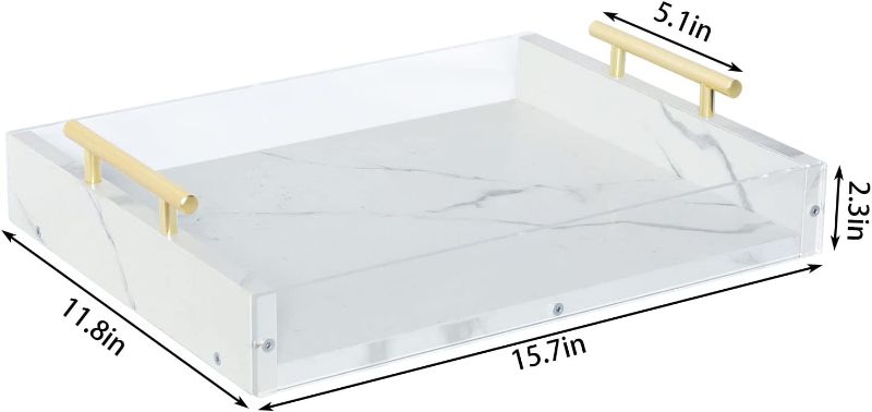 Photo 2 of Acrylic Tray Serving Tray with Handles, Easy to Assemble Marbling Wooden Decorative Tray Organiser for Bathroom, Living Room, Kitchen, Breakfast Tray 15.7"x11.8"- Marble White
