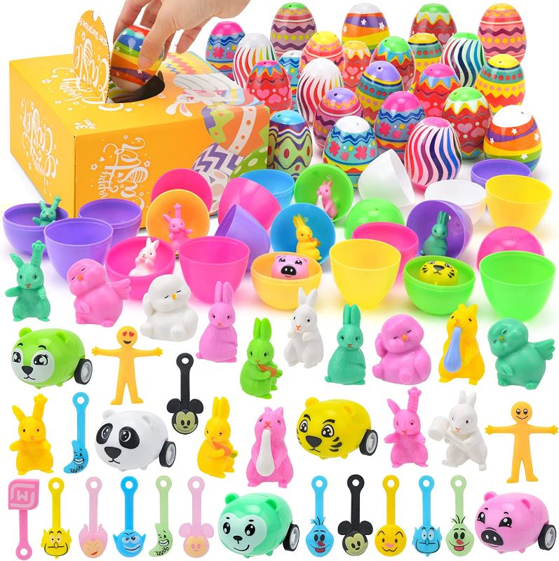 Photo 1 of Bloranda 24 Pack Plastic Easter Eggs With Toys Inside, Basket Stuffers Fillers, Classroom Prize Supplies, Filling Treats and Party Favor for Toddler Kids Boys Girls
