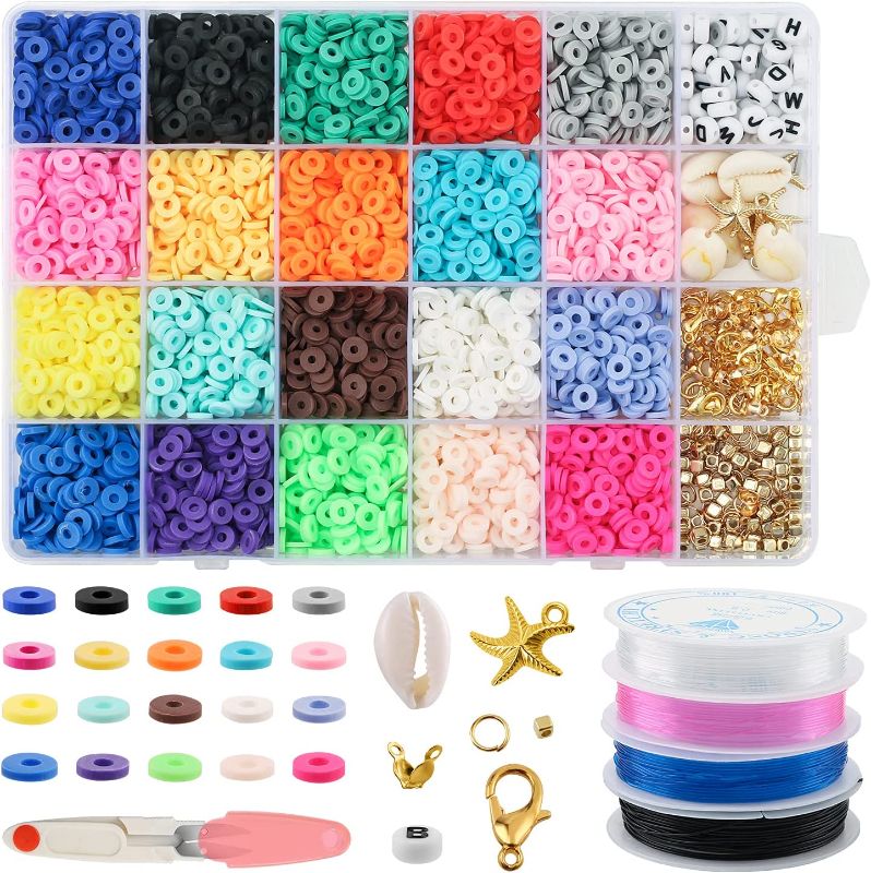 Photo 1 of 4800 Pcs Clay Beads 6mm 20 Colors Flat Round Polymer Clay Spacer Beads with Pendant Charms Kit and 4 Roll Elastic Strings for DIY Jewelry Making Bracelets Necklace ?Gifts for Girls Age 6-12
