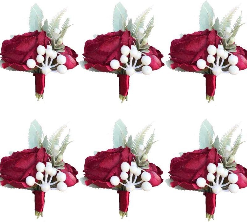 Photo 1 of 6pcs/lot Artificial Wedding Flowers Groom Boutonniere Women Bride Wrist Corsage Party Decoration (Wine Red Boutonniere)
